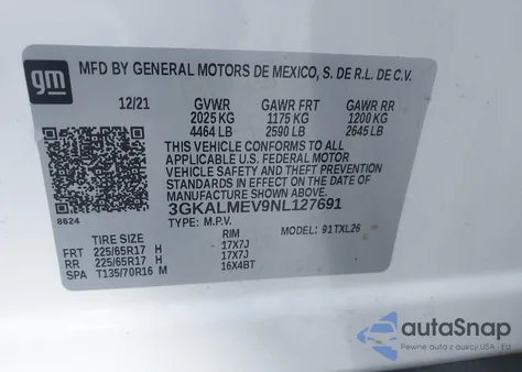 2022 GMC Terrain Fwd Sle z USA, uszkodzony, nr VIN 3GKALMEV9NL127691